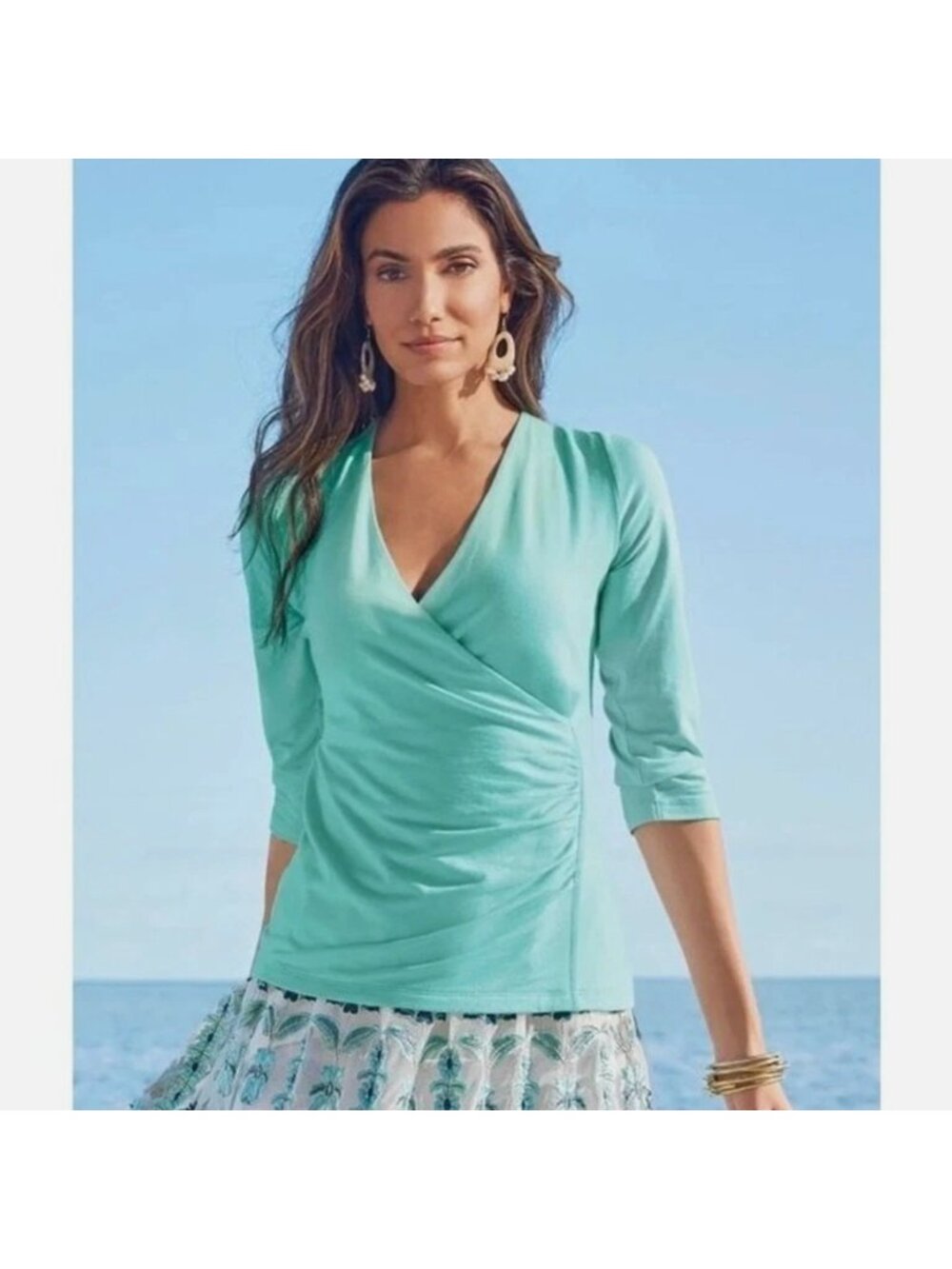 NWT Soft Surroundings Alyssa Knit Faux Wrap Top Aqua Splash Blue L
